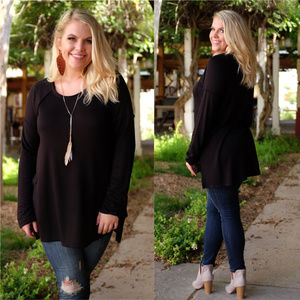 Black Long Sleeve Raw Neck Tunic Top